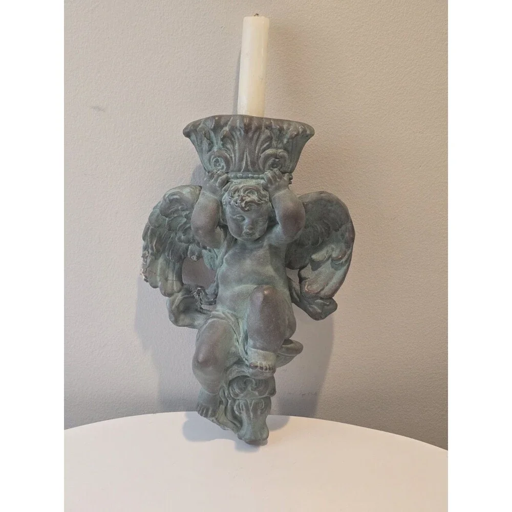 Antique Cherub Wall Sconce Candle Holder Chalkware Verdigris As-Is Repair